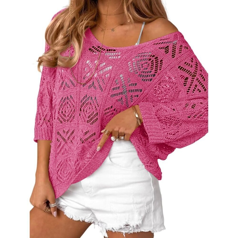 Womens Crochet Cover Up Top Summer Mesh Off Shoulder 3/4 Sleeve Beach Wear